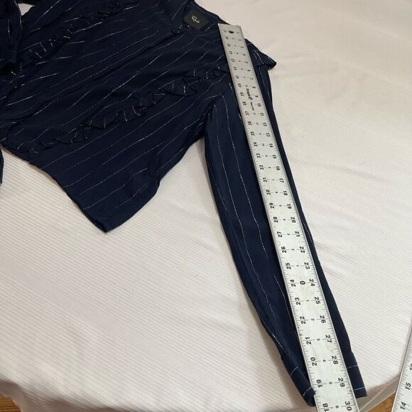 Rails Blouse Piper Tie Front Navy Silver Stripe Ruffle Button Up Shirt Medium - Picture 5 of 10